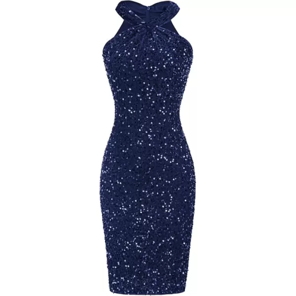 imageGRACE KARIN Sequin Dress for Women Sleeveless Sparkly Glitter Halter Dress Bodycon Mini Club Dresses 2024Navy Blue