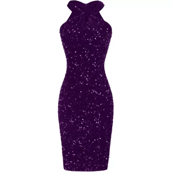 imageGRACE KARIN Sequin Dress for Women Sleeveless Sparkly Glitter Halter Dress Bodycon Mini Club Dresses 2024Purple