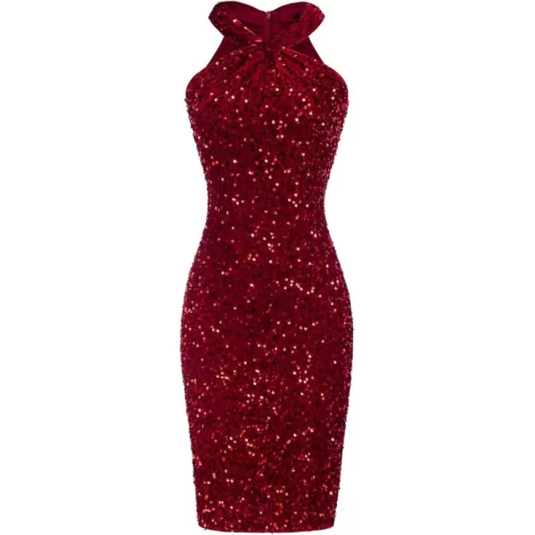 imageGRACE KARIN Sequin Dress for Women Sleeveless Sparkly Glitter Halter Dress Bodycon Mini Club Dresses 2024Red