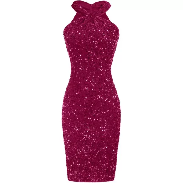 imageGRACE KARIN Sequin Dress for Women Sleeveless Sparkly Glitter Halter Dress Bodycon Mini Club Dresses 2024Rose Red