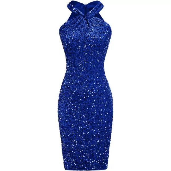 imageGRACE KARIN Sequin Dress for Women Sleeveless Sparkly Glitter Halter Dress Bodycon Mini Club Dresses 2024Royal Blue