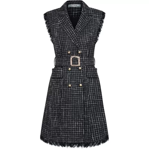 imageGRACE KARIN Women Tweed Sleeveless Lapel V Neck Button Down Vintage A Line Dress with PocketsBlack