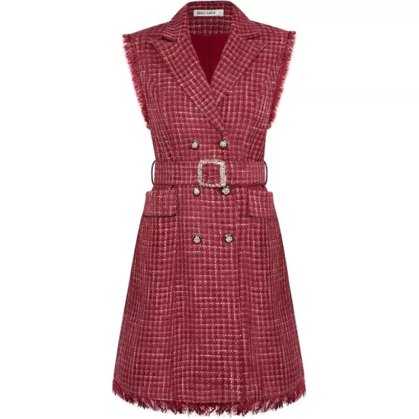 imageGRACE KARIN Women Tweed Sleeveless Lapel V Neck Button Down Vintage A Line Dress with PocketsWine Red