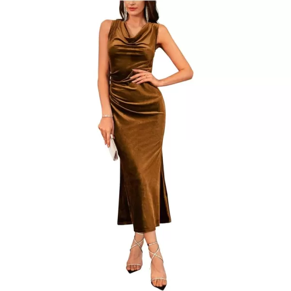 imageGRACE KARIN Womens Cowl Neck Long Formal Dresses Fall Velvet Sleeveless Maxi Bodycon Dress Ruched Mermaid Cocktail DressGold Brown