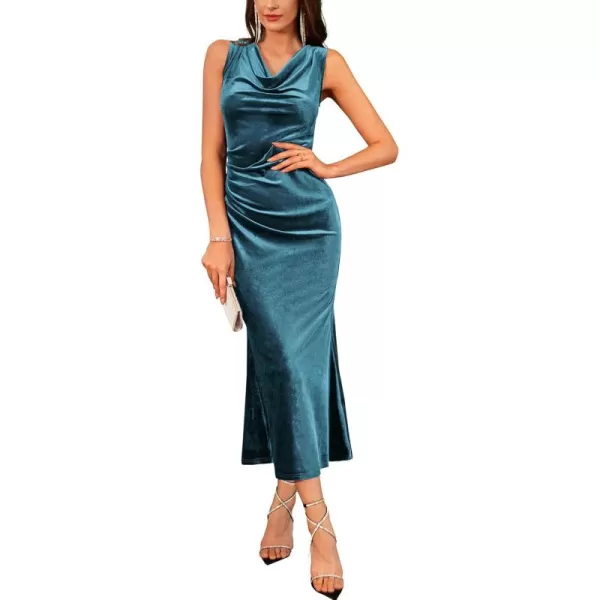 imageGRACE KARIN Womens Cowl Neck Long Formal Dresses Fall Velvet Sleeveless Maxi Bodycon Dress Ruched Mermaid Cocktail DressGray Blue