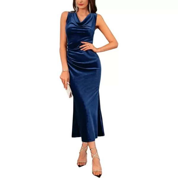 imageGRACE KARIN Womens Cowl Neck Long Formal Dresses Fall Velvet Sleeveless Maxi Bodycon Dress Ruched Mermaid Cocktail DressNavy Blue