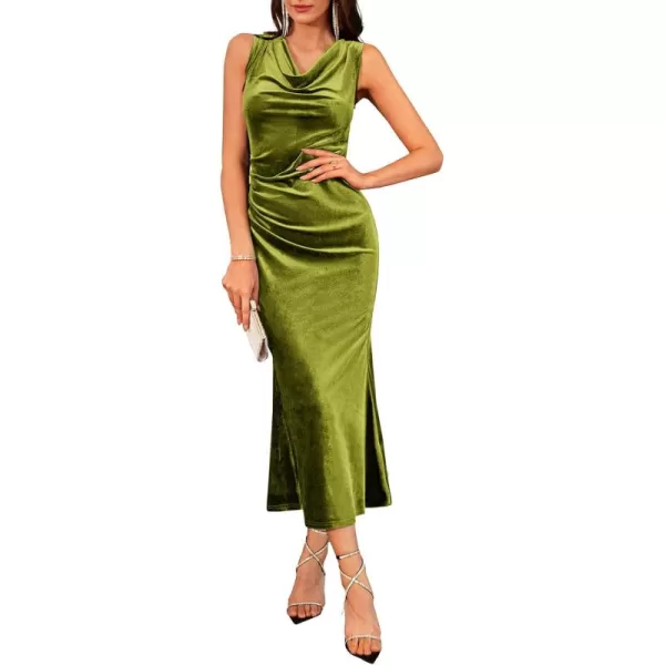 imageGRACE KARIN Womens Cowl Neck Long Formal Dresses Fall Velvet Sleeveless Maxi Bodycon Dress Ruched Mermaid Cocktail DressOlive Green