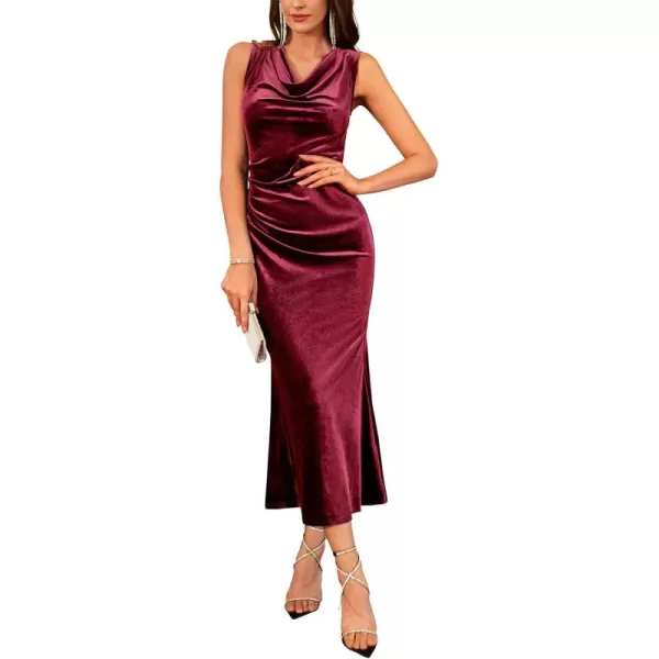 imageGRACE KARIN Womens Cowl Neck Long Formal Dresses Fall Velvet Sleeveless Maxi Bodycon Dress Ruched Mermaid Cocktail DressWine Red