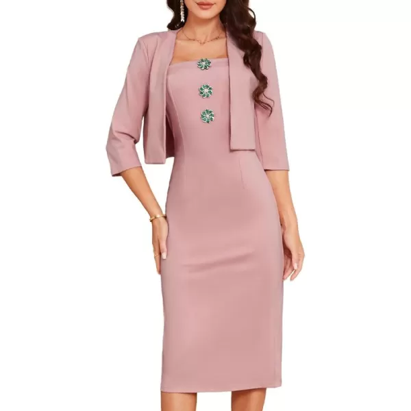 imageGRACE KARIN Womens Formal Dresses Office Business Work 2 Piece Outfits Midi Bodycon Dress with 34 Sleeve Jacket Suit SetsPink