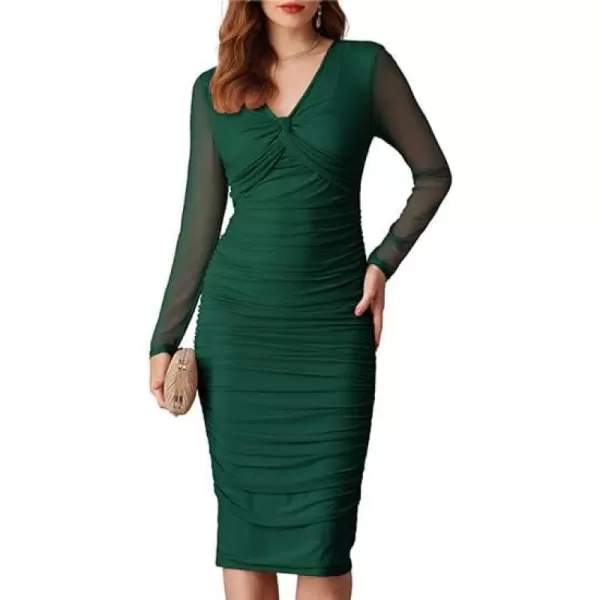 imageGRACE KARIN Womens Mesh Dress 2024 Fall Long Sleeve Ruched Bodycon Dress Twist Front Cocktail Wedding Guest Midi DressesGreen