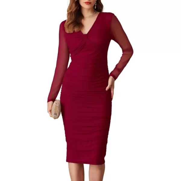 imageGRACE KARIN Womens Mesh Dress 2024 Fall Long Sleeve Ruched Bodycon Dress Twist Front Cocktail Wedding Guest Midi DressesRed