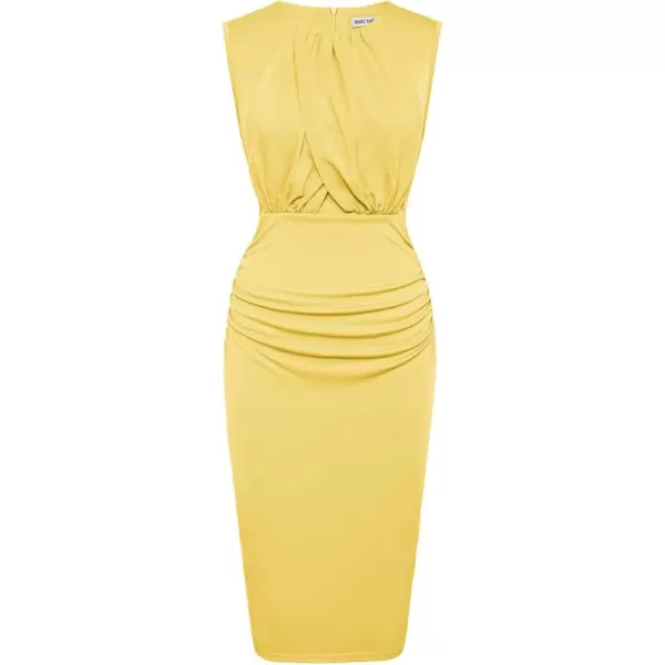 imageGRACE KARIN Womens Ruched Bodycon Dress Summer Sleeveless Front Drape Patchwork Crew Neck Midi Cocktail DressYellow