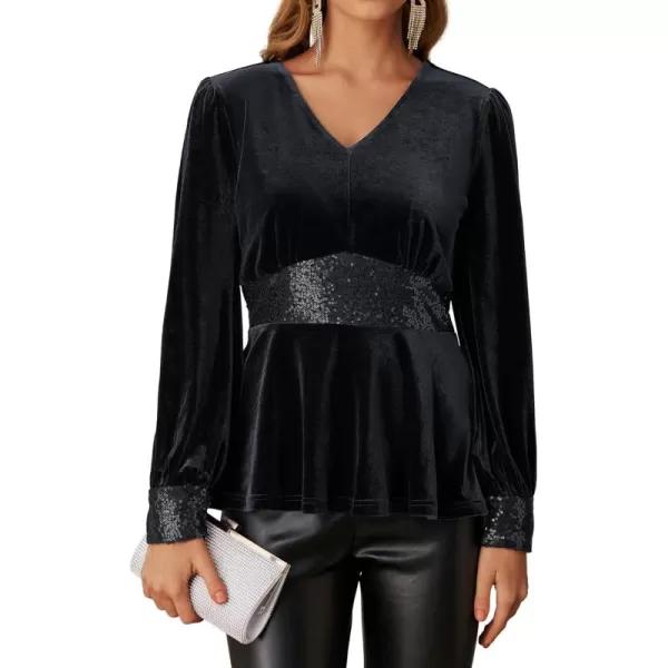 imageGRACE KARIN Womens V Neck Velvet Party Tops Long Sleeve Sparkly Sequin Peplum Cockatail Formal Fall Winter Blouse TopsBlack