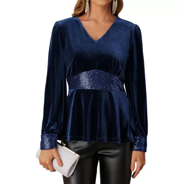 imageGRACE KARIN Womens V Neck Velvet Party Tops Long Sleeve Sparkly Sequin Peplum Cockatail Formal Fall Winter Blouse TopsDark Blue