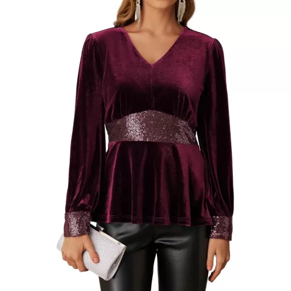 imageGRACE KARIN Womens V Neck Velvet Party Tops Long Sleeve Sparkly Sequin Peplum Cockatail Formal Fall Winter Blouse TopsDark Red