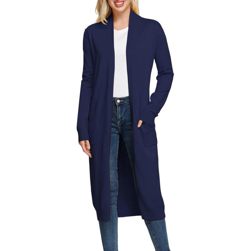 imageGRACE KARIN Essential Solid Open Front Maxi Long Knitted Cardigan Sweater for WomenNavy Blue