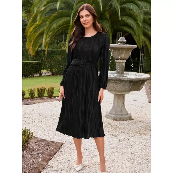 imageGRACE KARIN 2024 Womens Fall Textured Aline Dress Flowy Casual Crewneck Drape Dress Long Sleeve Midi Dress with BeltBlack