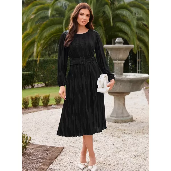 imageGRACE KARIN 2024 Womens Fall Textured Aline Dress Flowy Casual Crewneck Drape Dress Long Sleeve Midi Dress with BeltBlack