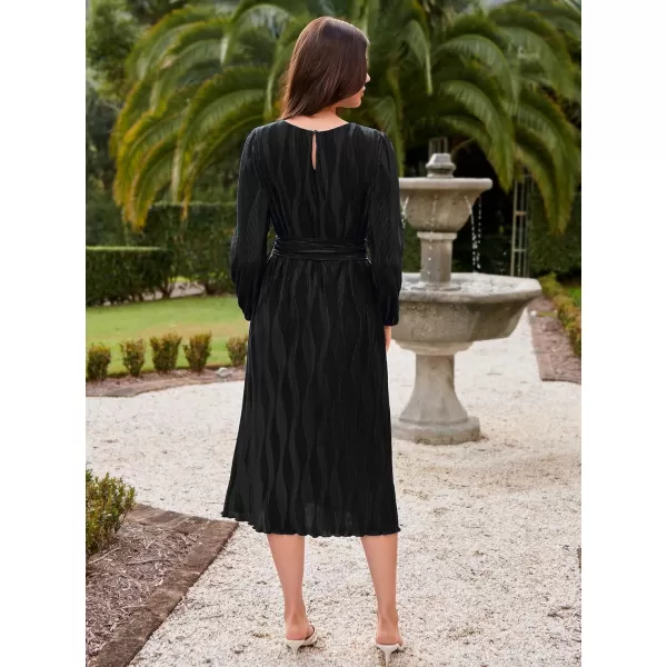 imageGRACE KARIN 2024 Womens Fall Textured Aline Dress Flowy Casual Crewneck Drape Dress Long Sleeve Midi Dress with BeltBlack