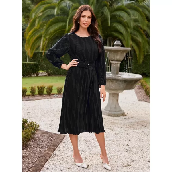 imageGRACE KARIN 2024 Womens Fall Textured Aline Dress Flowy Casual Crewneck Drape Dress Long Sleeve Midi Dress with BeltBlack