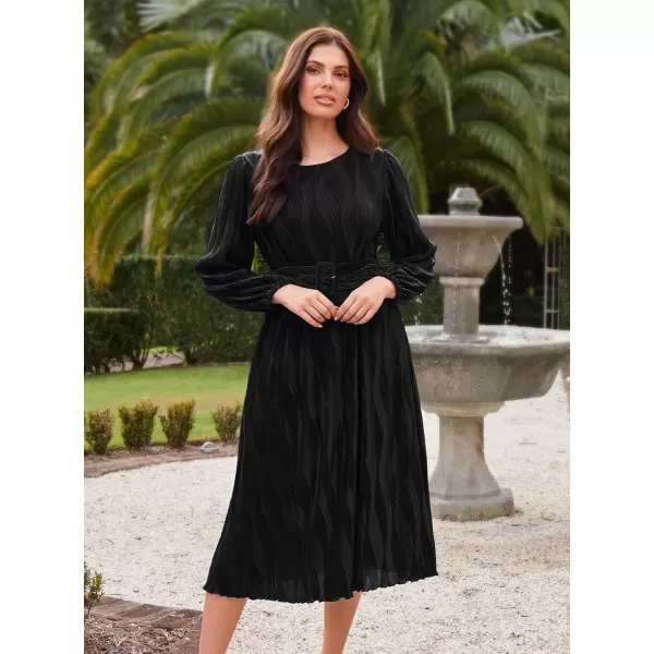 imageGRACE KARIN 2024 Womens Fall Textured Aline Dress Flowy Casual Crewneck Drape Dress Long Sleeve Midi Dress with BeltBlack