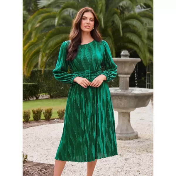 imageGRACE KARIN 2024 Womens Fall Textured Aline Dress Flowy Casual Crewneck Drape Dress Long Sleeve Midi Dress with BeltDark Green