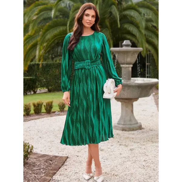 imageGRACE KARIN 2024 Womens Fall Textured Aline Dress Flowy Casual Crewneck Drape Dress Long Sleeve Midi Dress with BeltDark Green