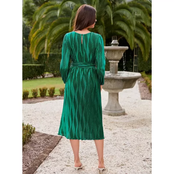 imageGRACE KARIN 2024 Womens Fall Textured Aline Dress Flowy Casual Crewneck Drape Dress Long Sleeve Midi Dress with BeltDark Green