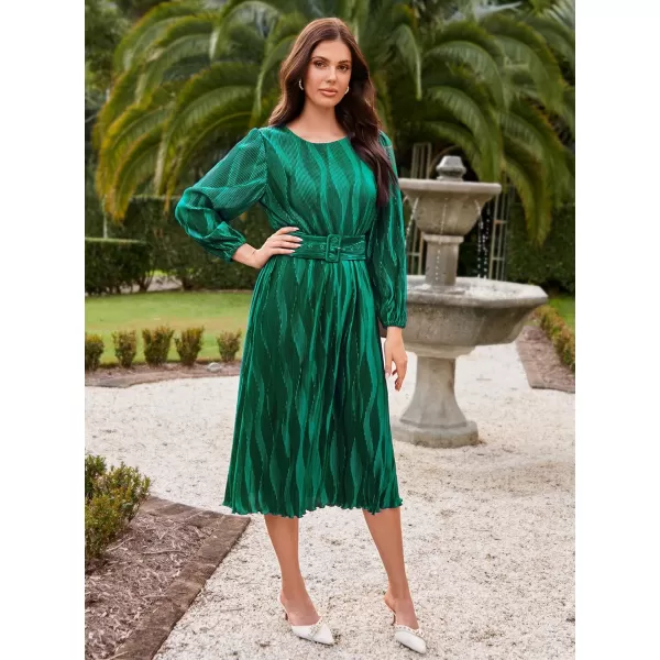 imageGRACE KARIN 2024 Womens Fall Textured Aline Dress Flowy Casual Crewneck Drape Dress Long Sleeve Midi Dress with BeltDark Green