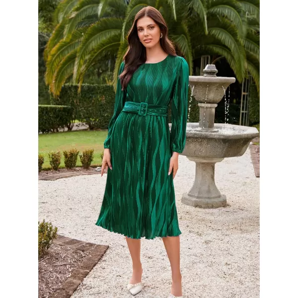 imageGRACE KARIN 2024 Womens Fall Textured Aline Dress Flowy Casual Crewneck Drape Dress Long Sleeve Midi Dress with BeltDark Green