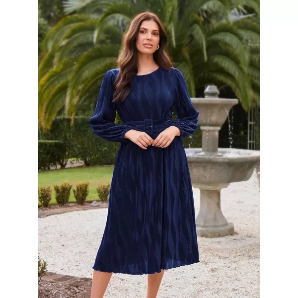 imageGRACE KARIN 2024 Womens Fall Textured Aline Dress Flowy Casual Crewneck Drape Dress Long Sleeve Midi Dress with BeltNavy Blue