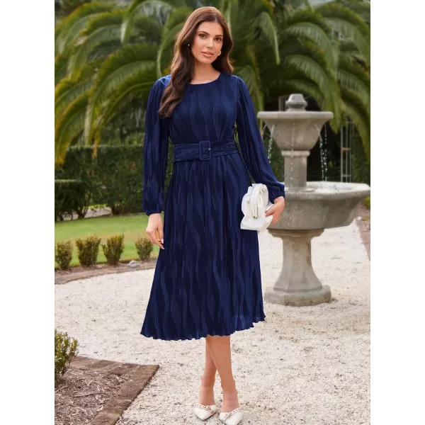 imageGRACE KARIN 2024 Womens Fall Textured Aline Dress Flowy Casual Crewneck Drape Dress Long Sleeve Midi Dress with BeltNavy Blue