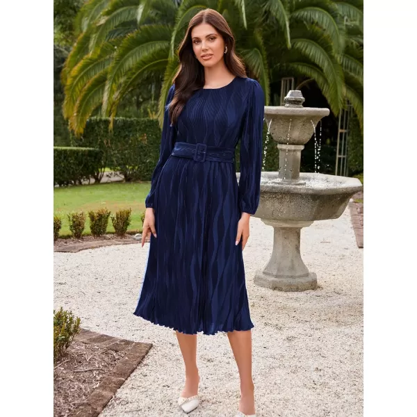 imageGRACE KARIN 2024 Womens Fall Textured Aline Dress Flowy Casual Crewneck Drape Dress Long Sleeve Midi Dress with BeltNavy Blue