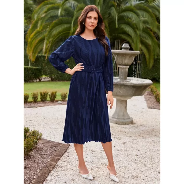 imageGRACE KARIN 2024 Womens Fall Textured Aline Dress Flowy Casual Crewneck Drape Dress Long Sleeve Midi Dress with BeltNavy Blue