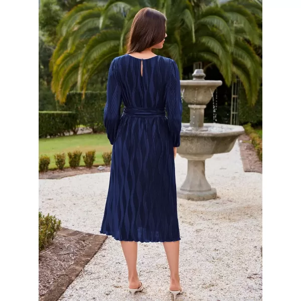 imageGRACE KARIN 2024 Womens Fall Textured Aline Dress Flowy Casual Crewneck Drape Dress Long Sleeve Midi Dress with BeltNavy Blue