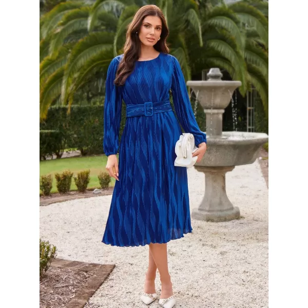 imageGRACE KARIN 2024 Womens Fall Textured Aline Dress Flowy Casual Crewneck Drape Dress Long Sleeve Midi Dress with BeltRoyal Blue