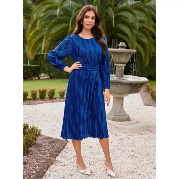 imageGRACE KARIN 2024 Womens Fall Textured Aline Dress Flowy Casual Crewneck Drape Dress Long Sleeve Midi Dress with BeltRoyal Blue