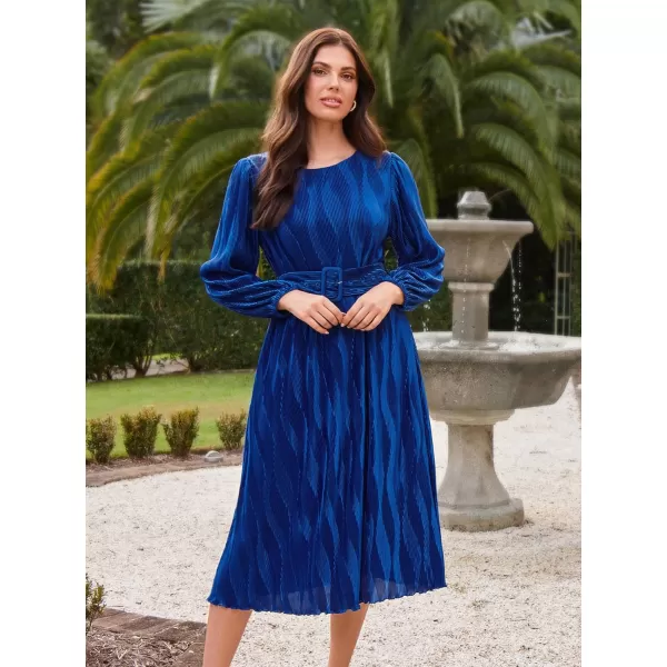 imageGRACE KARIN 2024 Womens Fall Textured Aline Dress Flowy Casual Crewneck Drape Dress Long Sleeve Midi Dress with BeltRoyal Blue