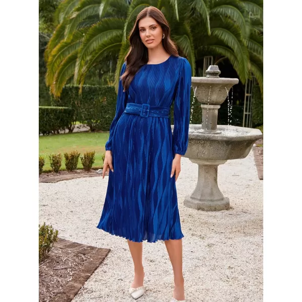 imageGRACE KARIN 2024 Womens Fall Textured Aline Dress Flowy Casual Crewneck Drape Dress Long Sleeve Midi Dress with BeltRoyal Blue