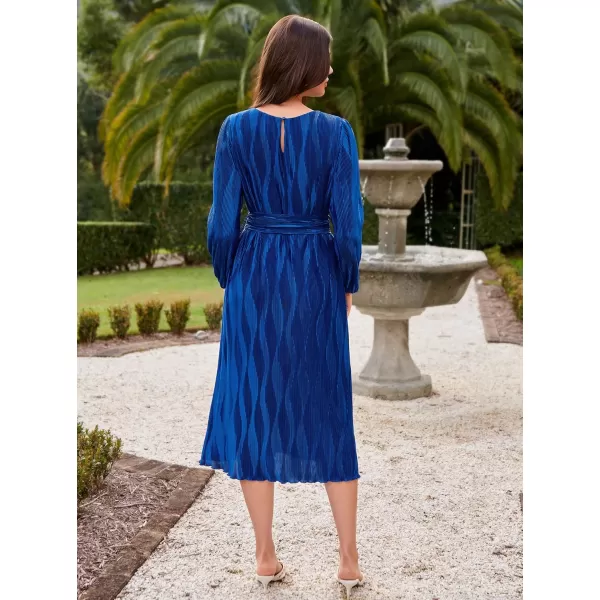 imageGRACE KARIN 2024 Womens Fall Textured Aline Dress Flowy Casual Crewneck Drape Dress Long Sleeve Midi Dress with BeltRoyal Blue