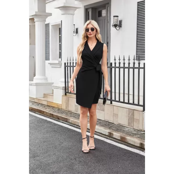 imageGRACE KARIN Black Dresses for Women Funeral Work Midi Sleeveless Wrap V Neck Semi Formal Bodycon Dresses with Tie Side S