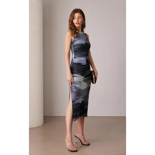 imageGRACE KARIN Bodycon Mesh Dresses for Women Sleeveless Midi Tie Dye Dress Side Slit Wedding Cocktail Party DressesBlack