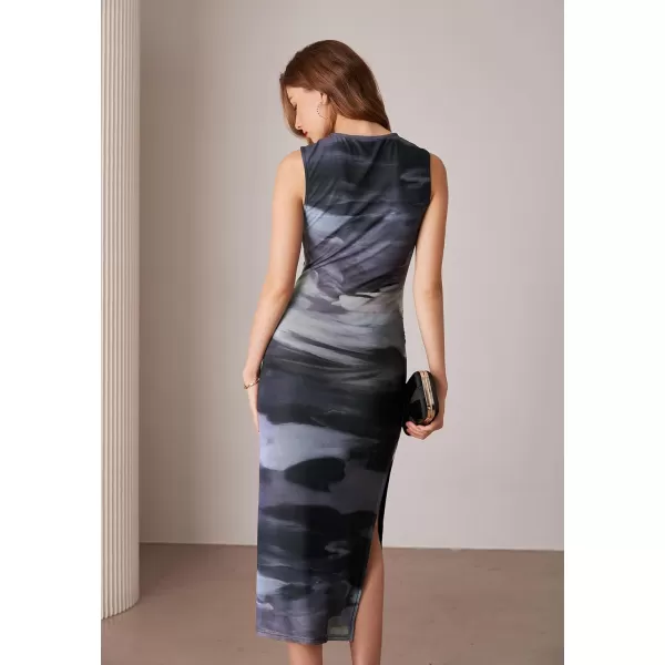 imageGRACE KARIN Bodycon Mesh Dresses for Women Sleeveless Midi Tie Dye Dress Side Slit Wedding Cocktail Party DressesBlack
