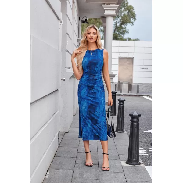 imageGRACE KARIN Bodycon Mesh Dresses for Women Sleeveless Midi Tie Dye Dress Side Slit Wedding Cocktail Party DressesBlue