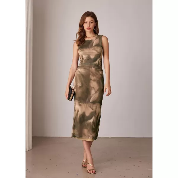 imageGRACE KARIN Bodycon Mesh Dresses for Women Sleeveless Midi Tie Dye Dress Side Slit Wedding Cocktail Party DressesBrown