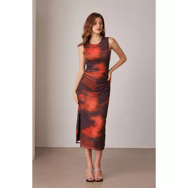 imageGRACE KARIN Bodycon Mesh Dresses for Women Sleeveless Midi Tie Dye Dress Side Slit Wedding Cocktail Party DressesDark Red