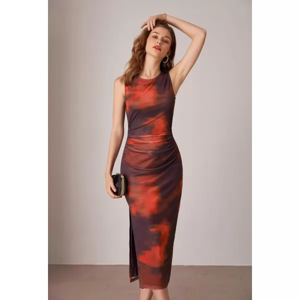 imageGRACE KARIN Bodycon Mesh Dresses for Women Sleeveless Midi Tie Dye Dress Side Slit Wedding Cocktail Party DressesDark Red