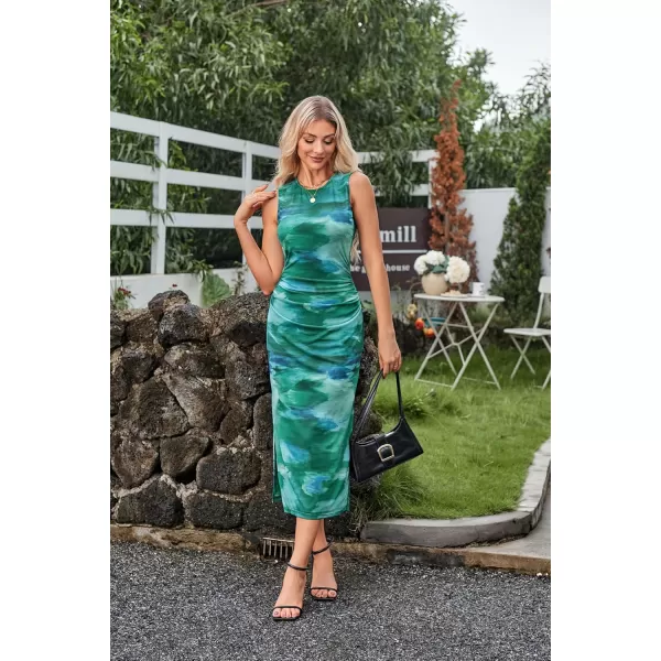 imageGRACE KARIN Bodycon Mesh Dresses for Women Sleeveless Midi Tie Dye Dress Side Slit Wedding Cocktail Party DressesGreen