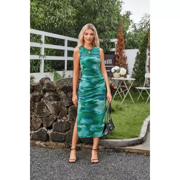 imageGRACE KARIN Bodycon Mesh Dresses for Women Sleeveless Midi Tie Dye Dress Side Slit Wedding Cocktail Party DressesGreen