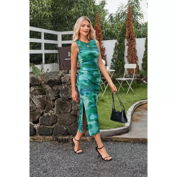 imageGRACE KARIN Bodycon Mesh Dresses for Women Sleeveless Midi Tie Dye Dress Side Slit Wedding Cocktail Party DressesGreen